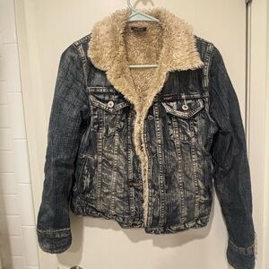 Angel Women's Jean Jacket with Sherpa Lining - Blue and Cream